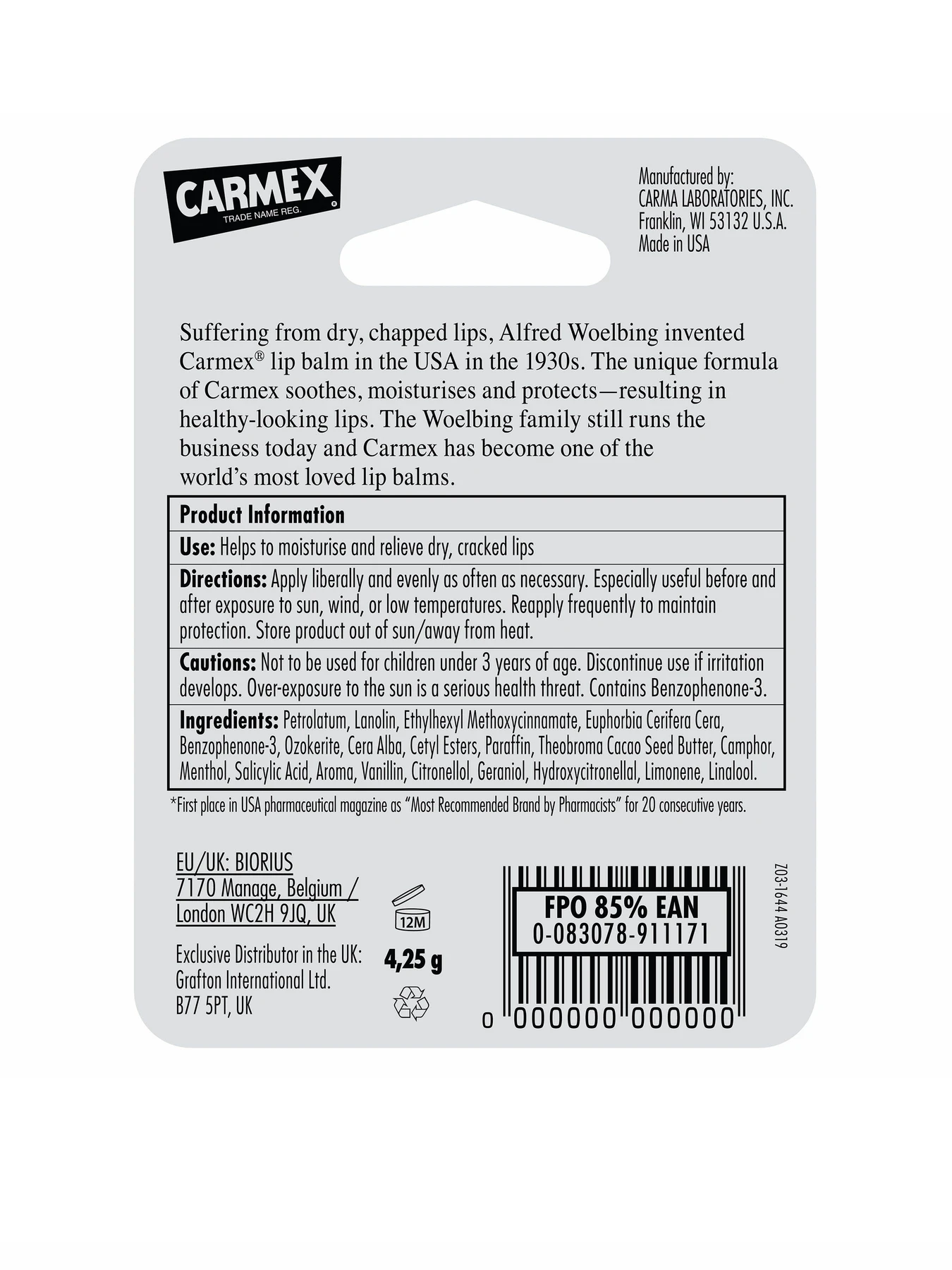 Бальзам для губ SPF15 Classic Lip Balm Stick Carmex модель CX180 Бальзам для губ SPF15 Classic Lip Balm Stick Carmex модель CX180 Фото