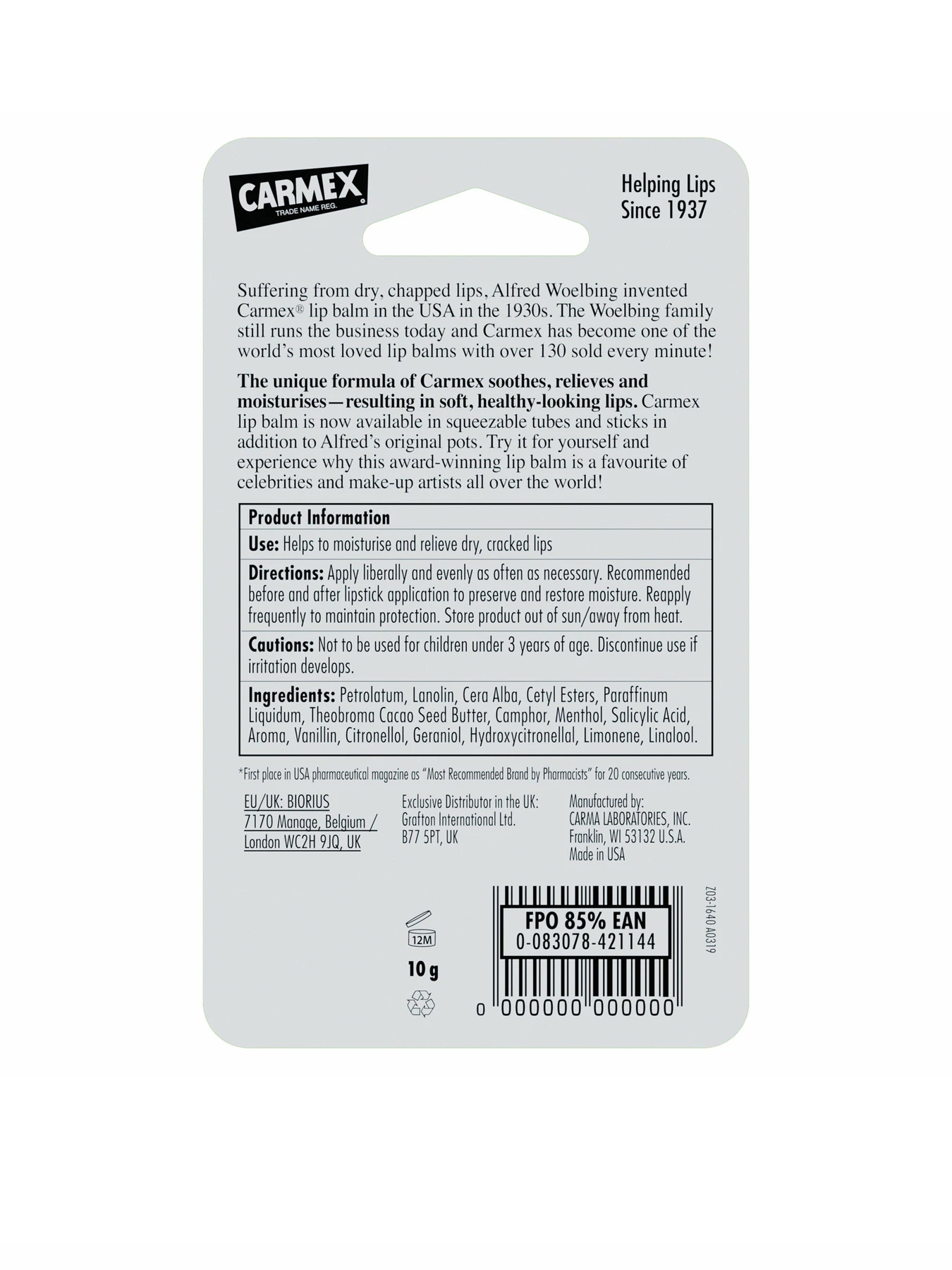 Бальзам для губ Classic Lip Balm Tube Carmex модель CX110 Бальзам для губ Classic Lip Balm Tube Carmex модель CX110 Фото