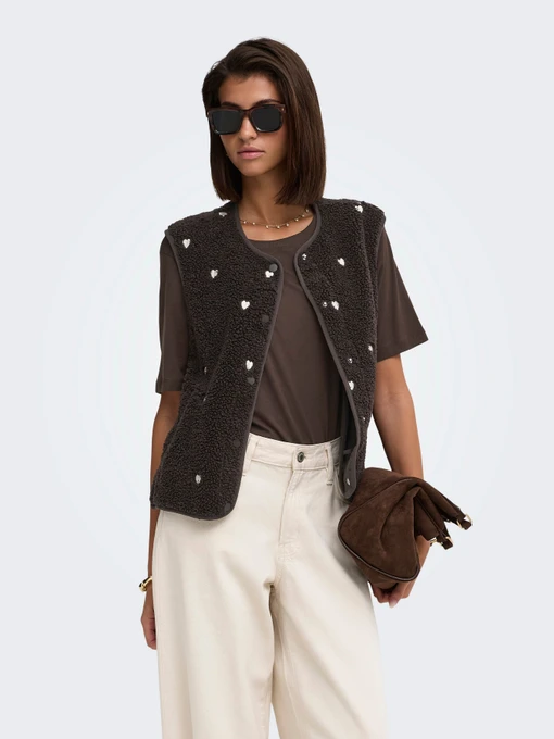 Куртки та дублянки JDY SIMINA TEDDY HEART EMB WAISTCO модель 15392245_Chocolate Torte HEART EMB Фото