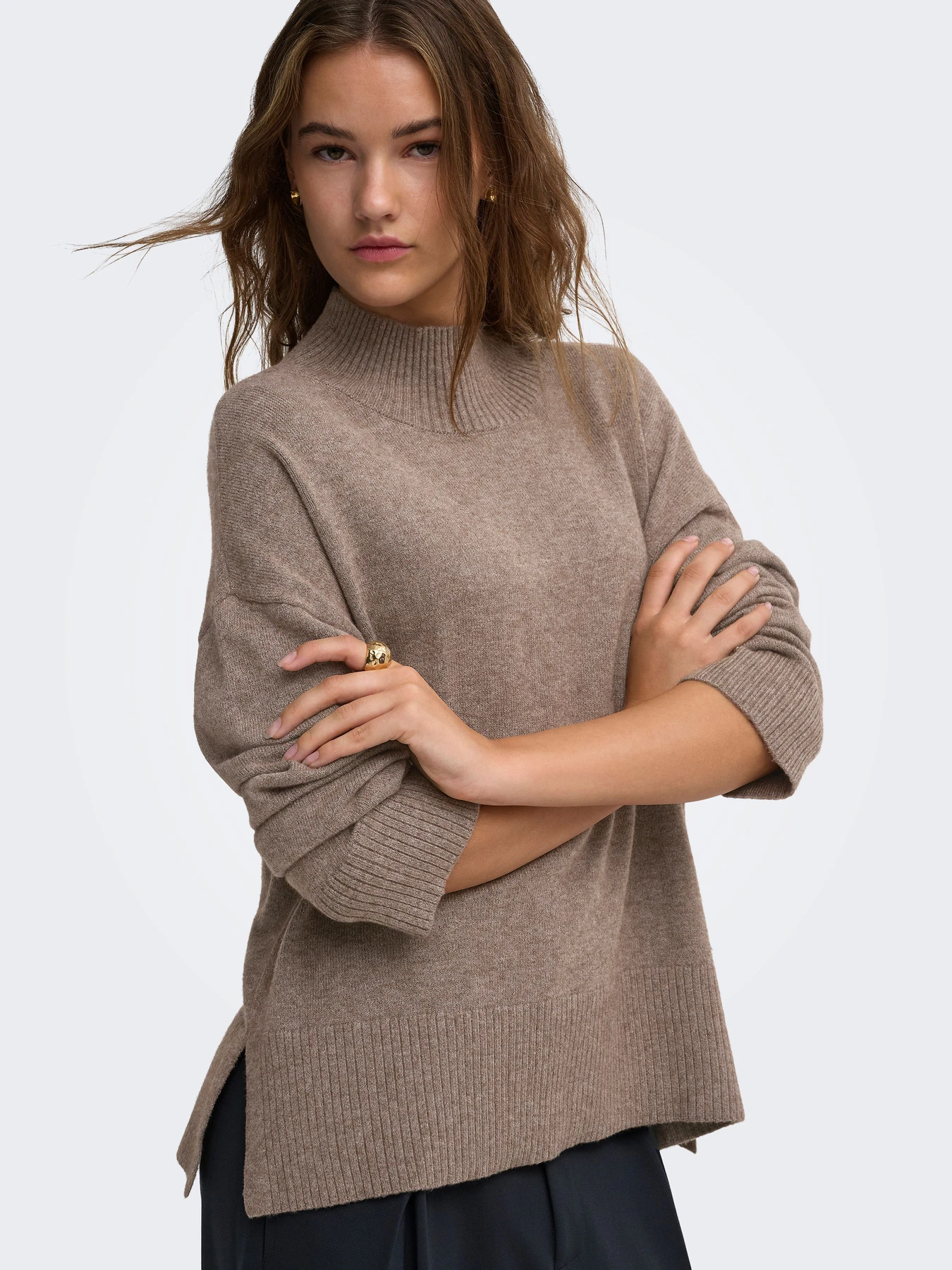 Светри та кардигани Only MARY LS HIGH NECK SLIT KNT модель 15379251_Shaved Chocolate Melange Фото