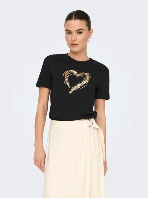 Футболки и поло Only MARCY S/S BOX TOP модель 15357554_Black W. sequins heart Фото