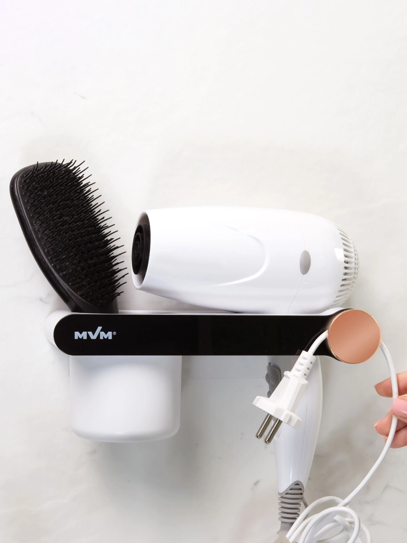 Полиця з тримачем для фену клейка біла з чорним MBM HOME модель BP-33 WHITE/BLACK Фото