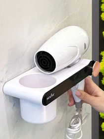 Полиця з тримачем для фену клейка біла з чорним MBM HOME модель BP-33 WHITE/BLACK Фото