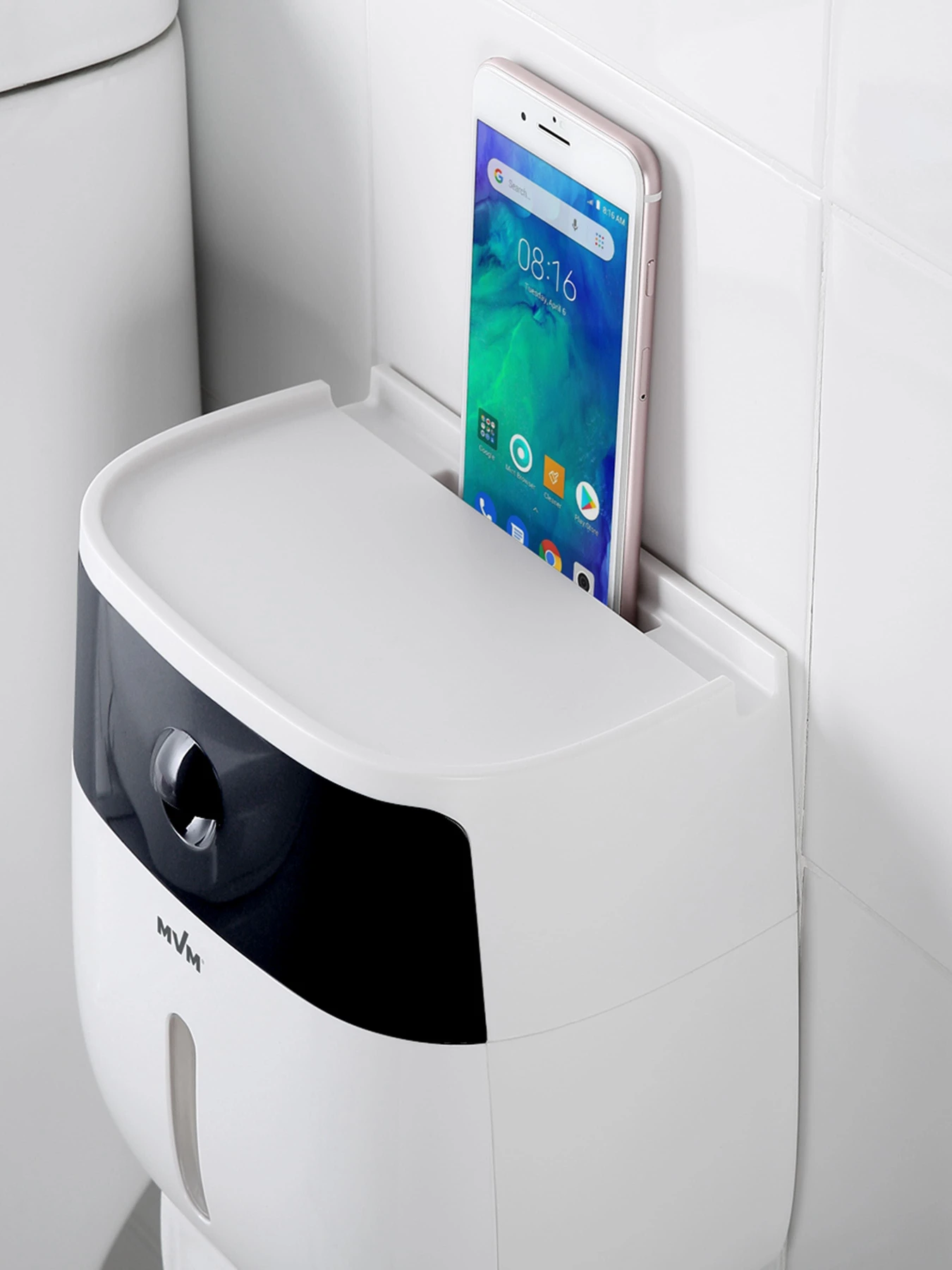 Тримач для туалетного паперу з поличкою клейкий білий з чорним MBM HOME модель BP-16 WHITE/BLACK Фото