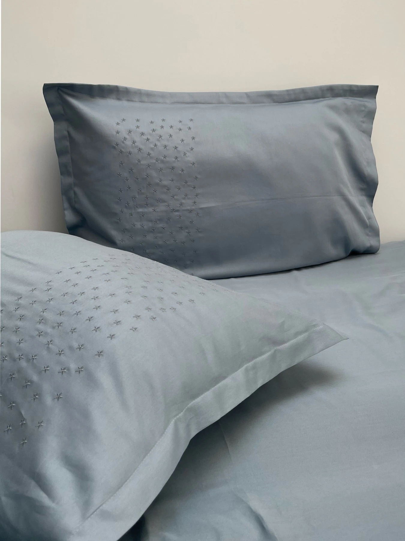 Комплект постільної білизни сіро-блакитний з вишитими зірками Cozy модель 8048996 Фото