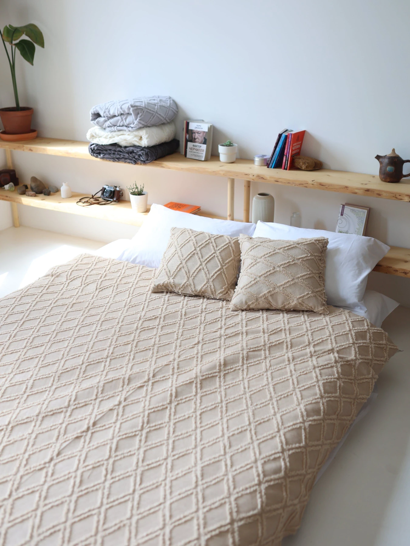 Бавовняне покривало плед Ромб колір Бежевий BedclozZzes модель 13873-2-1 Фото