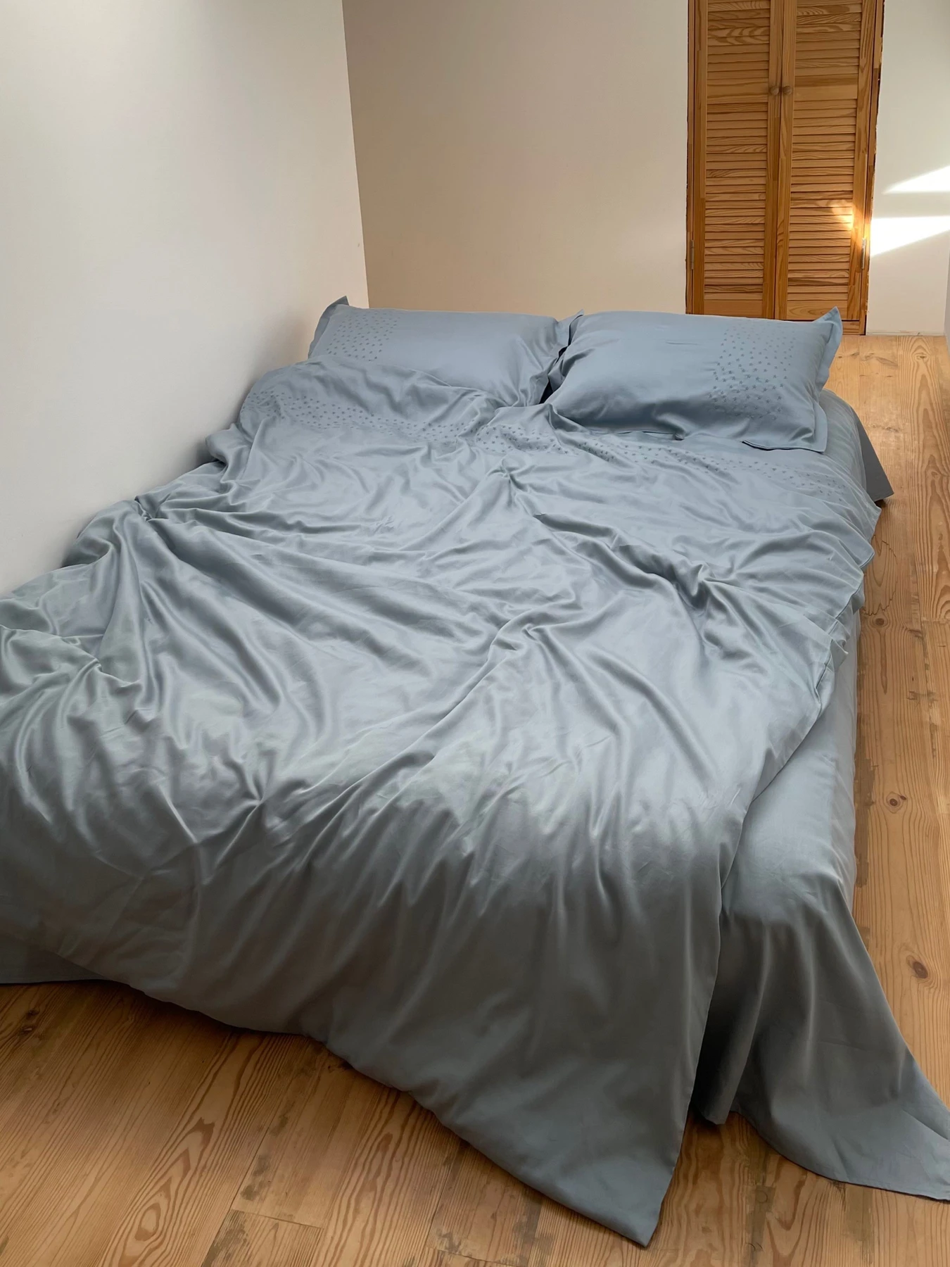 Наволочка сіро-блакитна з вишитими зірками Cozy модель 8008379 Фото
