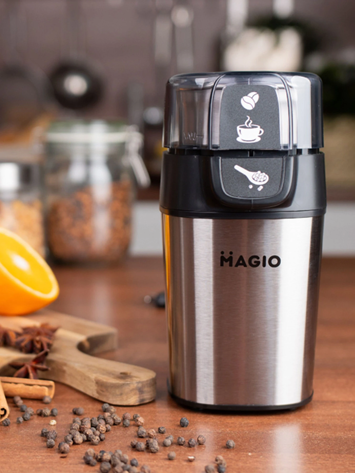 Мультимолка MAGIO МG-195/300Вт/70 гр/нерж.корпус/знімна чаша/ніж титан. покр, для спецій,круп,кави Magio модель MG-195 Мультимолка MAGIO МG-195/300Вт/70 гр/нерж.корпус/знімна чаша/ніж титан. покр, для спецій,круп,кави Magio модель MG-195 Фото