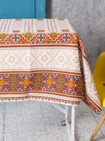 Скатертина бавовняна бежева в етно стилі український орнамент Ecotton модель 21413 Фото