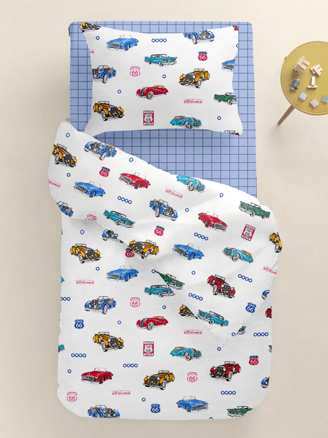 Детское постельное белье в кроватку RETRO CARS Cosas модель CarsRetroRoute66_El80-CellAshblue_140 Детское постельное белье в кроватку RETRO CARS Cosas модель CarsRetroRoute66_El80-CellAshblue_140 Фото