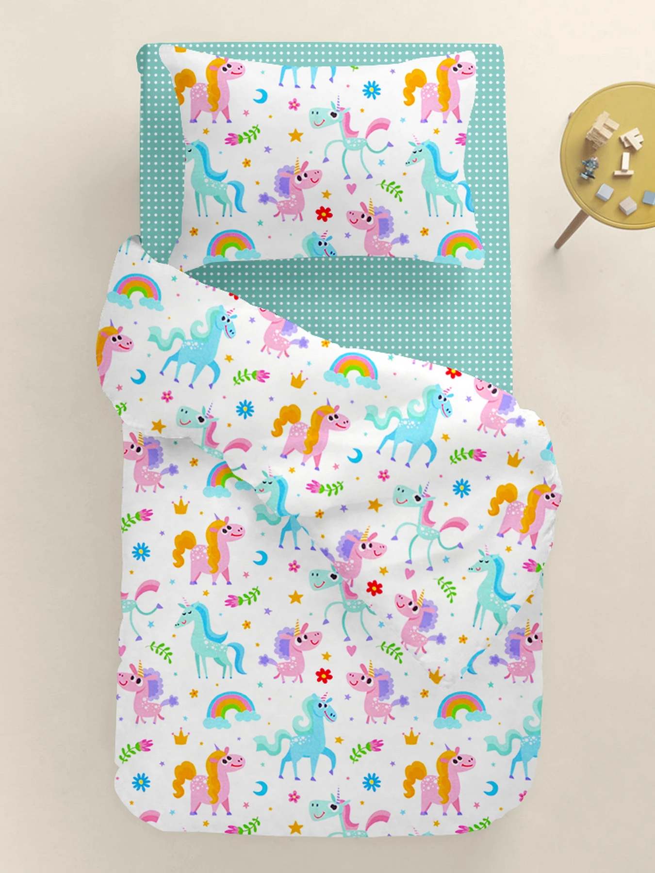 Детское постельное белье в кроватку UNICORNS Cosas модель UnicornFunnyColor_DotsMint_140 Детское постельное белье в кроватку UNICORNS Cosas модель UnicornFunnyColor_DotsMint_140 Фото